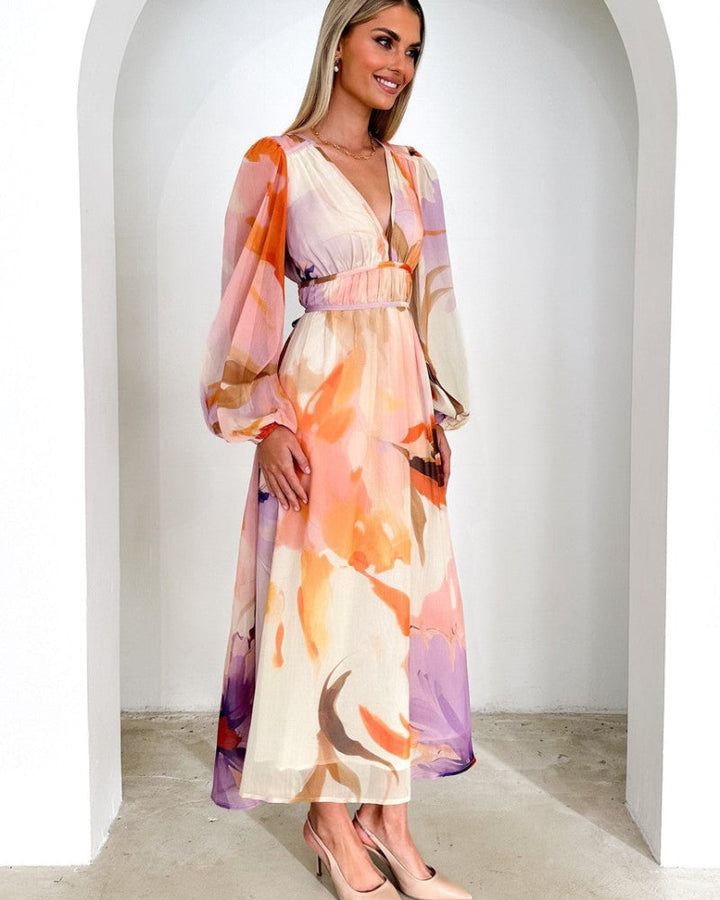 BARONA - ROBE MAXI CHIC MULTICOLORE À MANCHES LONGUES