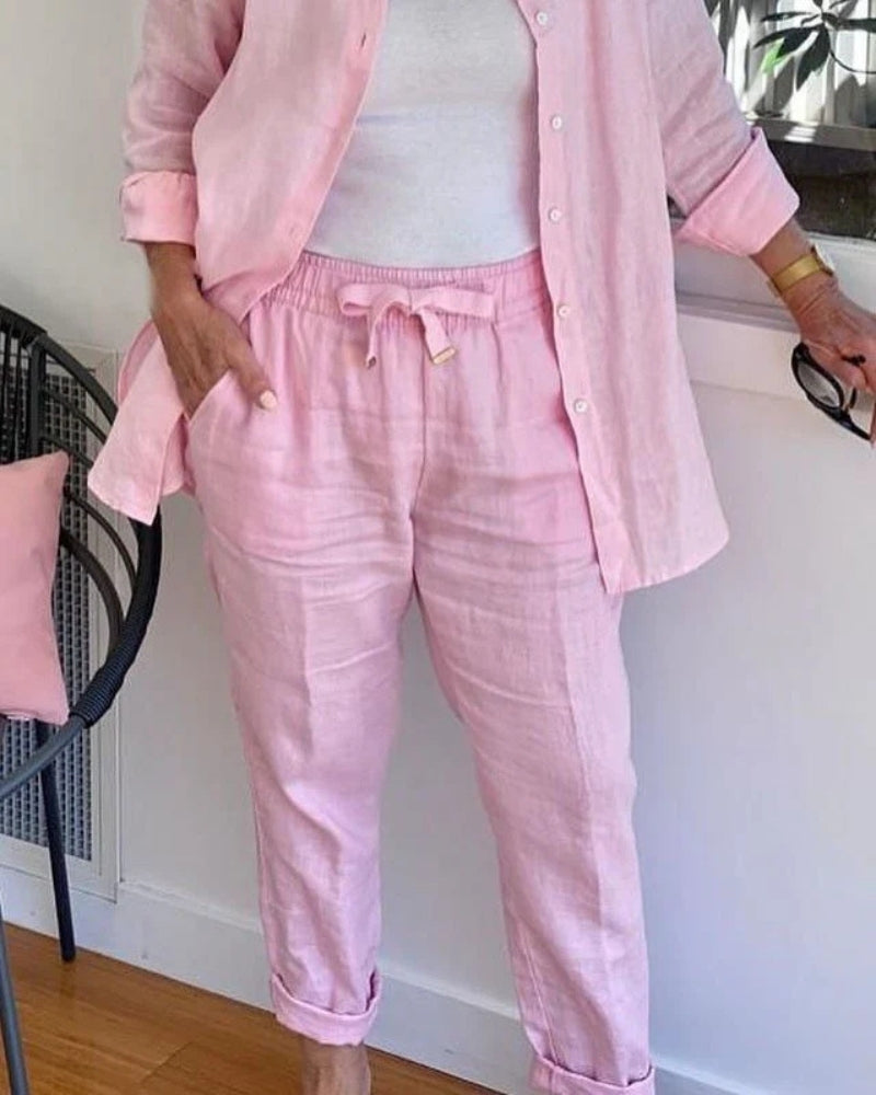 AIAUN - ENSEMBLE BLOUSE EN COTON LIN ET PANTALON