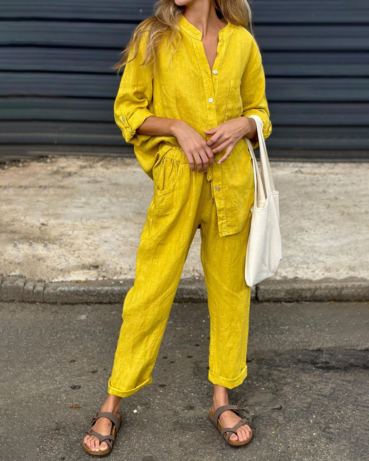 ALAN – Ensemble Chemise Col en V et Pantalon en Coton et Lin