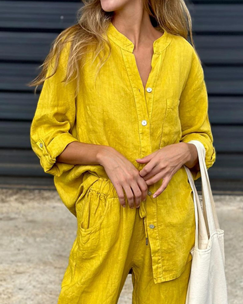 ALAN – Ensemble Chemise Col en V et Pantalon en Coton et Lin