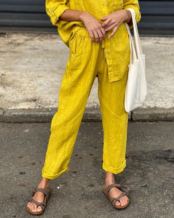 ALAN – Ensemble Chemise Col en V et Pantalon en Coton et Lin